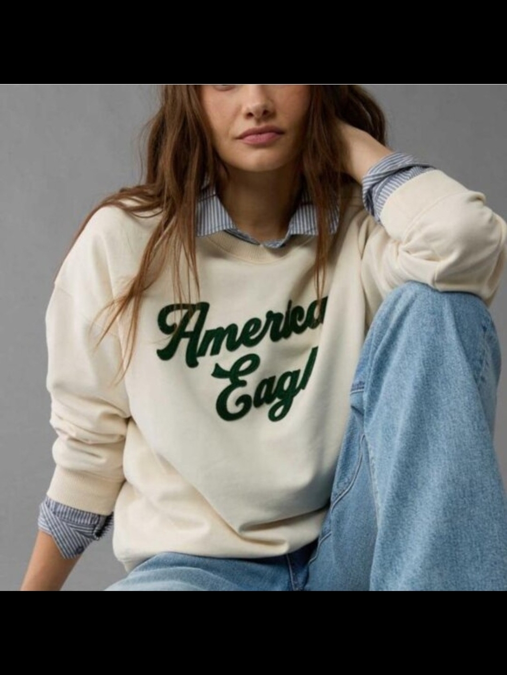 American Eagle Outfitters Cream Logo Crewneck Sweater